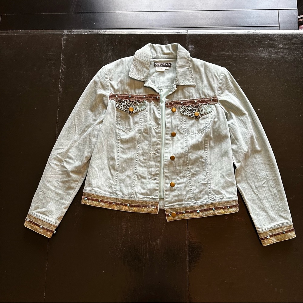 Nancy Bolen Size 6 Jean Jacket Vintage Rocks Animal Print Grandma Chic Denim